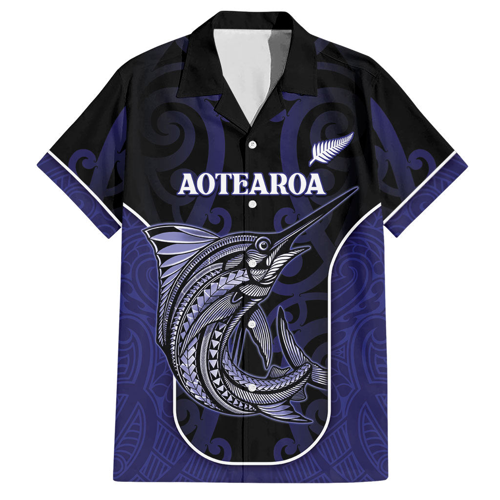 Personalised New Zealand Aotearoa Hawaiian Shirt Blue Marlin Fishing Maori Pattern