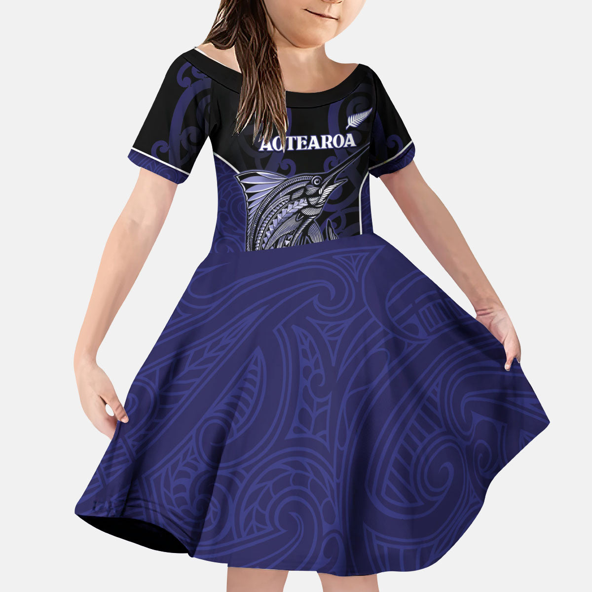 Personalised New Zealand Aotearoa Kid Short Sleeve Dress Blue Marlin Fishing Maori Pattern
