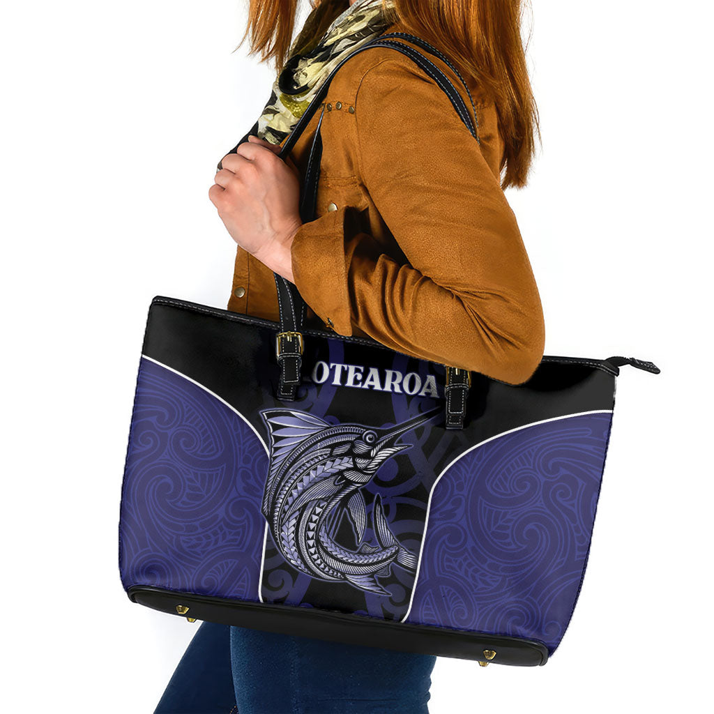 New Zealand Aotearoa Leather Tote Bag Blue Marlin Fishing Maori Pattern