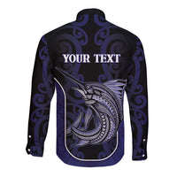Personalised New Zealand Aotearoa Long Sleeve Button Shirt Blue Marlin Fishing Maori Pattern