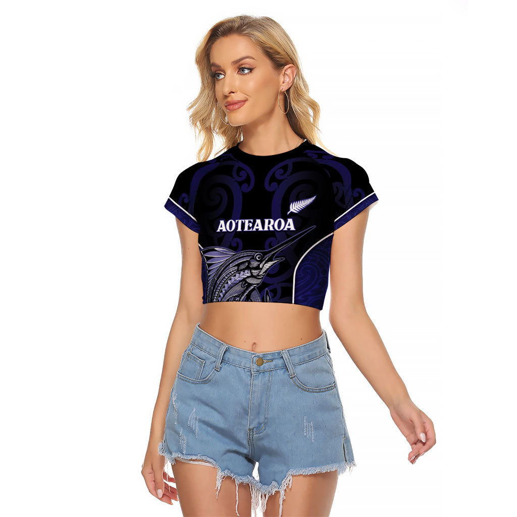 Personalised New Zealand Aotearoa Raglan Cropped T Shirt Blue Marlin Fishing Maori Pattern