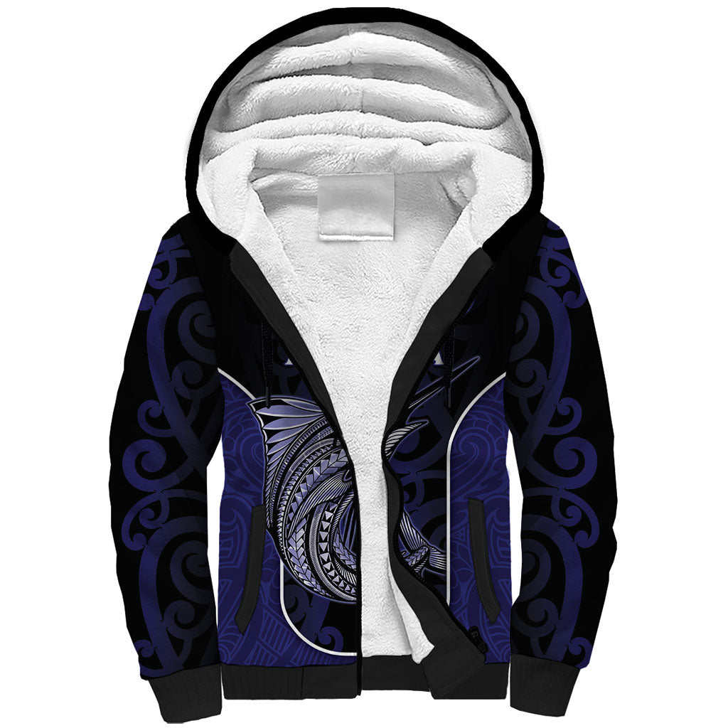 Personalised New Zealand Aotearoa Sherpa Hoodie Blue Marlin Fishing Maori Pattern