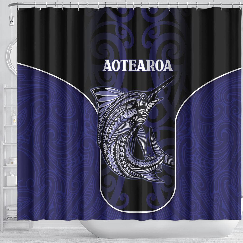 New Zealand Aotearoa Shower Curtain Blue Marlin Fishing Maori Pattern