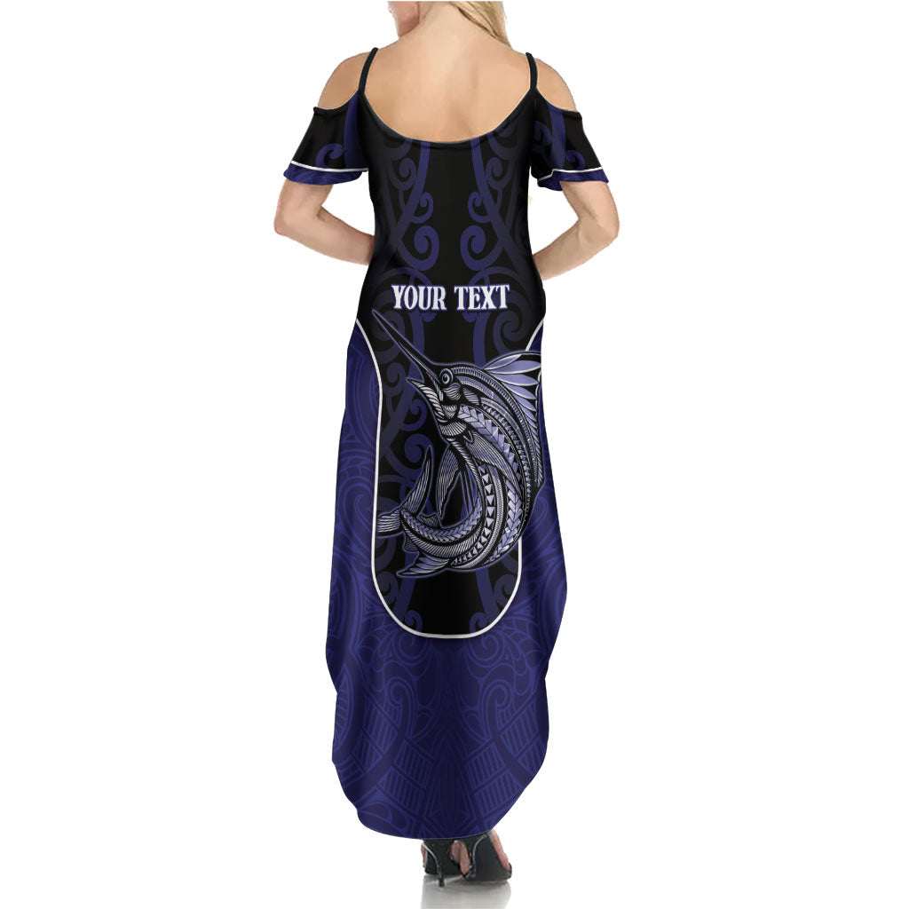 Personalised New Zealand Aotearoa Summer Maxi Dress Blue Marlin Fishing Maori Pattern