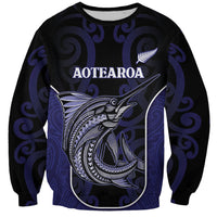 Personalised New Zealand Aotearoa Sweatshirt Blue Marlin Fishing Maori Pattern