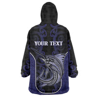 Personalised New Zealand Aotearoa Wearable Blanket Hoodie Blue Marlin Fishing Maori Pattern