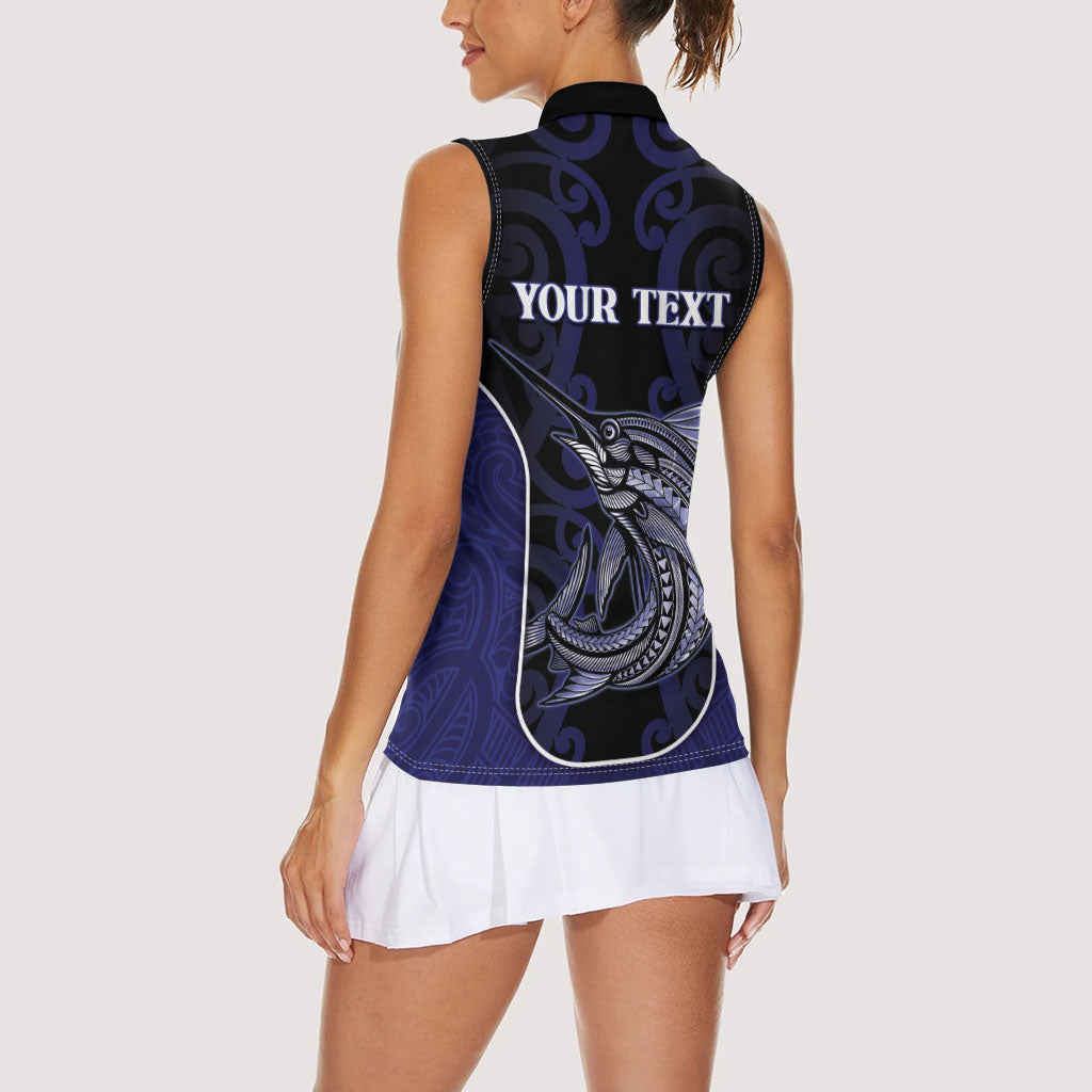 Personalised New Zealand Aotearoa Women Sleeveless Polo Shirt Blue Marlin Fishing Maori Pattern LT05 - Polynesian Pride