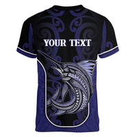Personalised New Zealand Aotearoa Women V-Neck T-Shirt Blue Marlin Fishing Maori Pattern LT05 - Polynesian Pride
