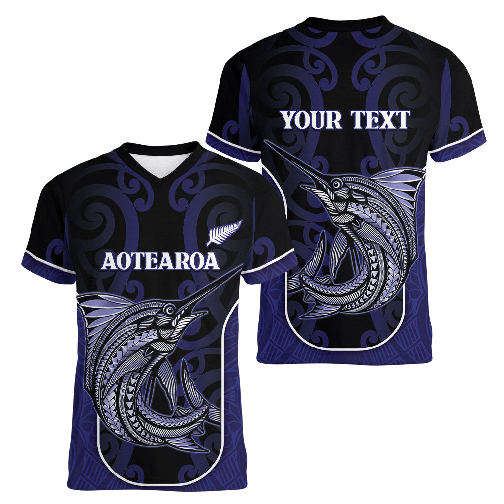 Personalised New Zealand Aotearoa Women V-Neck T-Shirt Blue Marlin Fishing Maori Pattern LT05 - Polynesian Pride