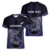 Personalised New Zealand Aotearoa Women V-Neck T-Shirt Blue Marlin Fishing Maori Pattern LT05 - Polynesian Pride