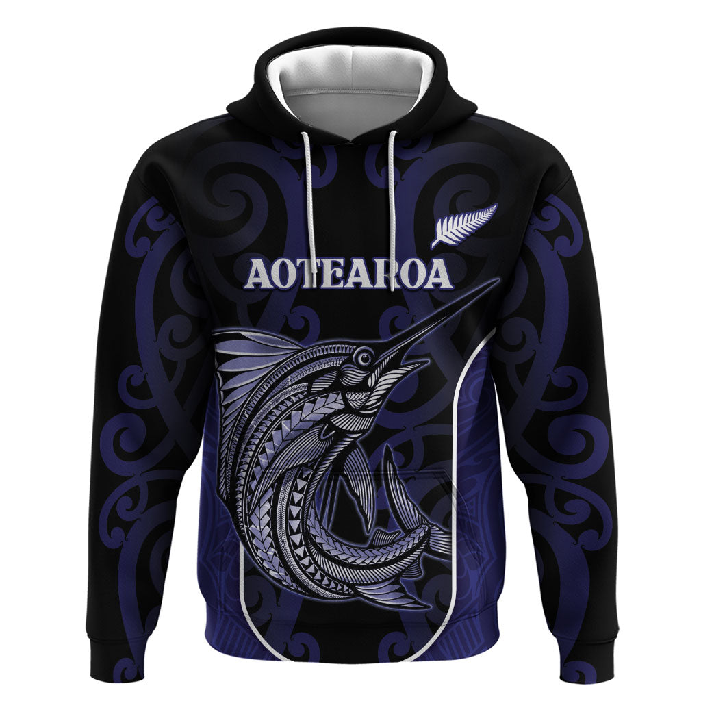 Personalised New Zealand Aotearoa Zip Hoodie Blue Marlin Fishing Maori Pattern