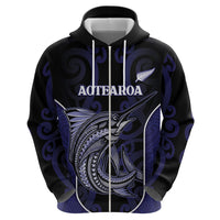 Personalised New Zealand Aotearoa Zip Hoodie Blue Marlin Fishing Maori Pattern