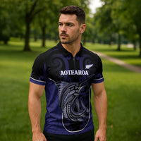 Personalised New Zealand Aotearoa Zipper Polo Shirt Blue Marlin Fishing Maori Pattern