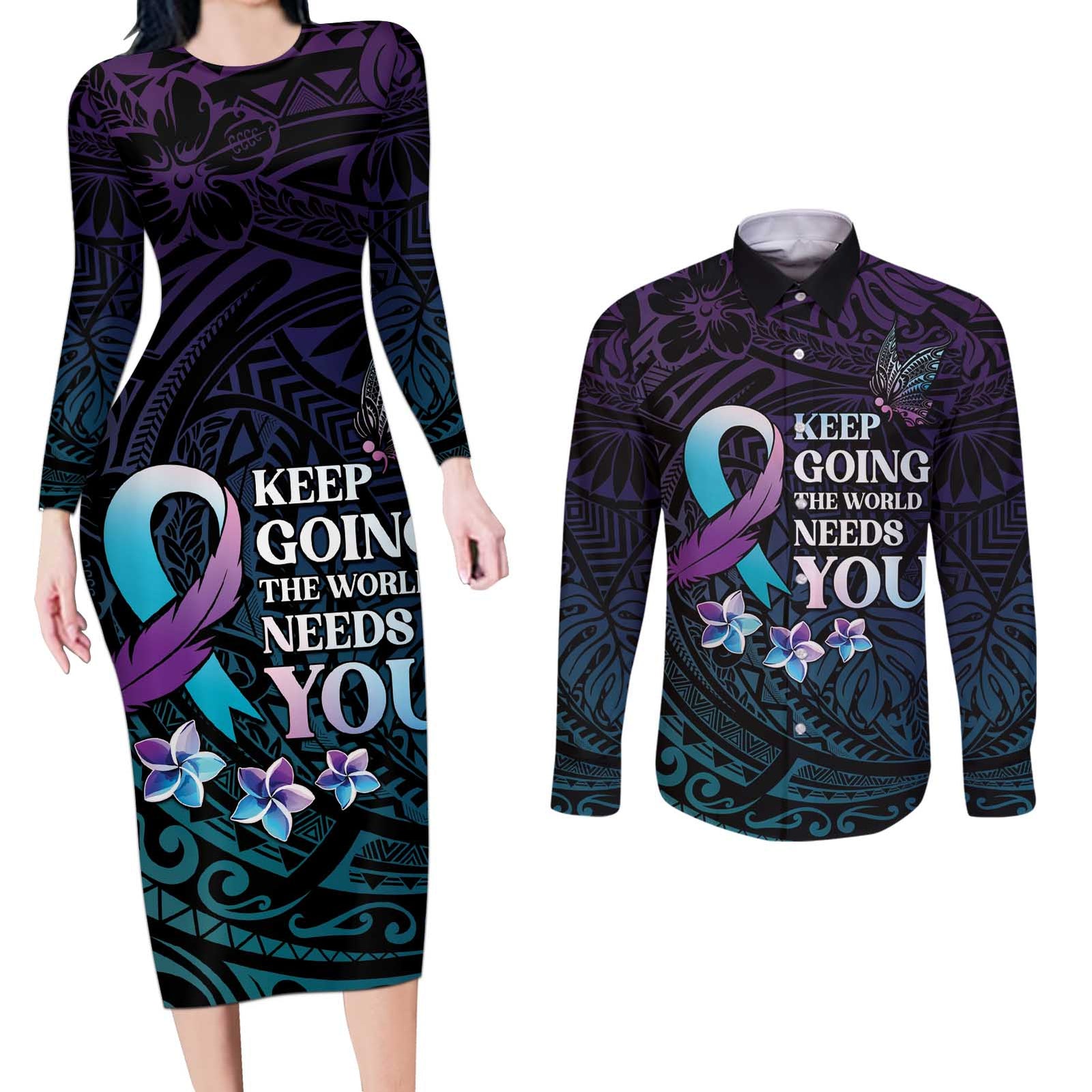 Polynesia Suicide Prevention Awareness Couples Matching Long Sleeve Bodycon Dress and Long Sleeve Button Shirt Keep Going The World Needs You