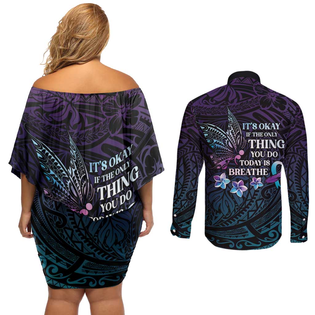 Polynesia Suicide Prevention Awareness Couples Matching Off Shoulder Short Dress and Long Sleeve Button Shirt Keep Going The World Needs You