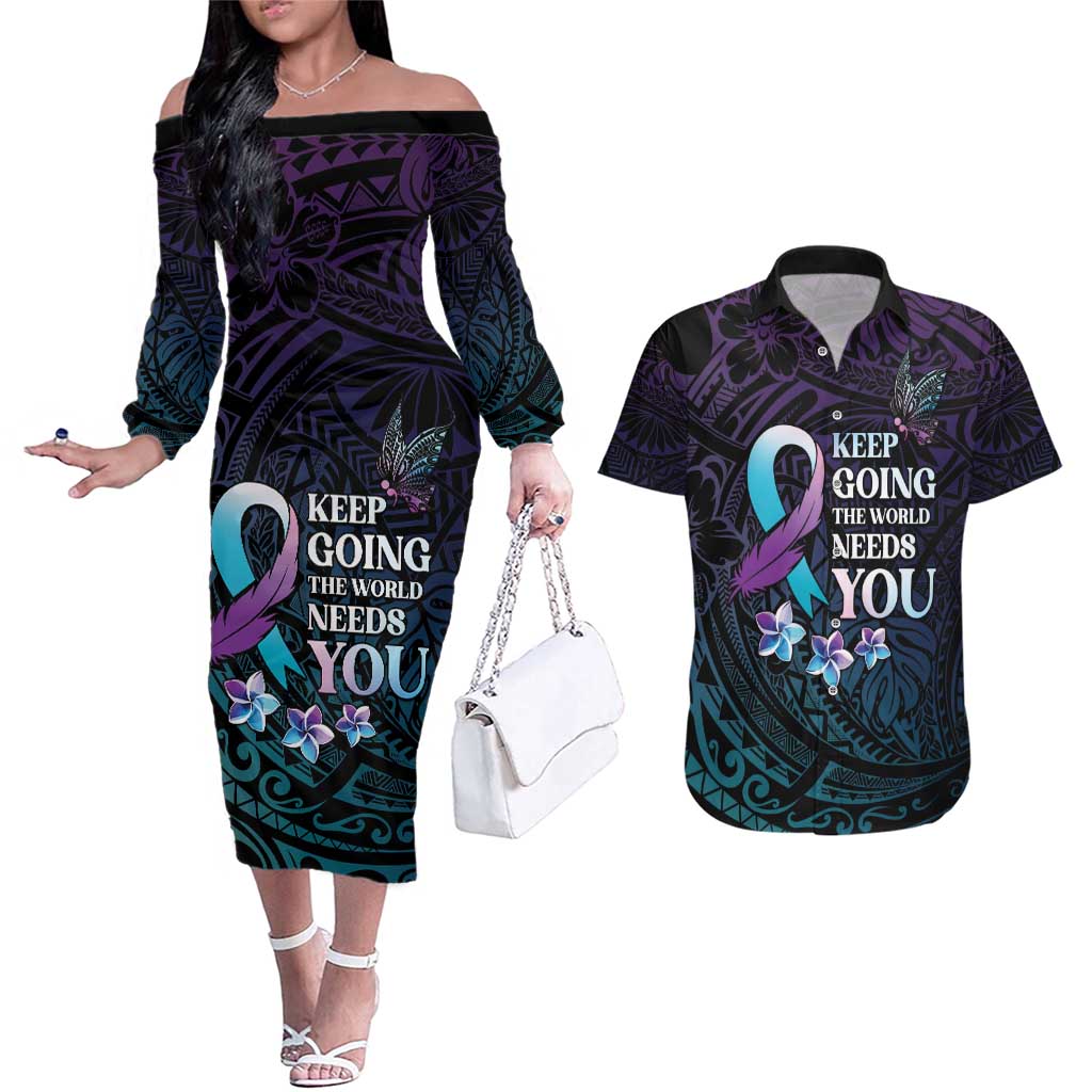 Polynesia Suicide Prevention Awareness Couples Matching Off The Shoulder Long Sleeve Dress and Hawaiian Shirt Keep Going The World Needs You