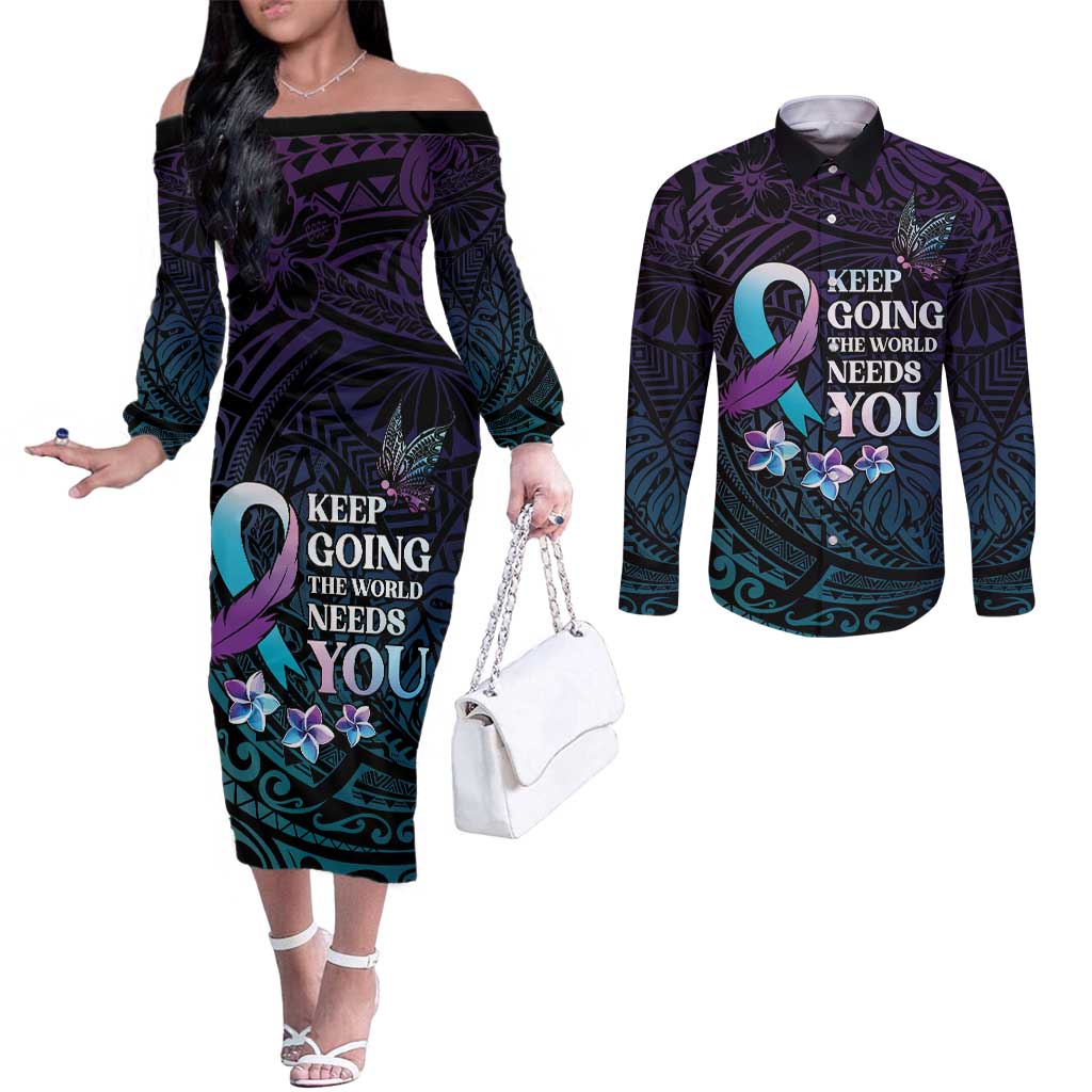 Polynesia Suicide Prevention Awareness Couples Matching Off The Shoulder Long Sleeve Dress and Long Sleeve Button Shirt Keep Going The World Needs You