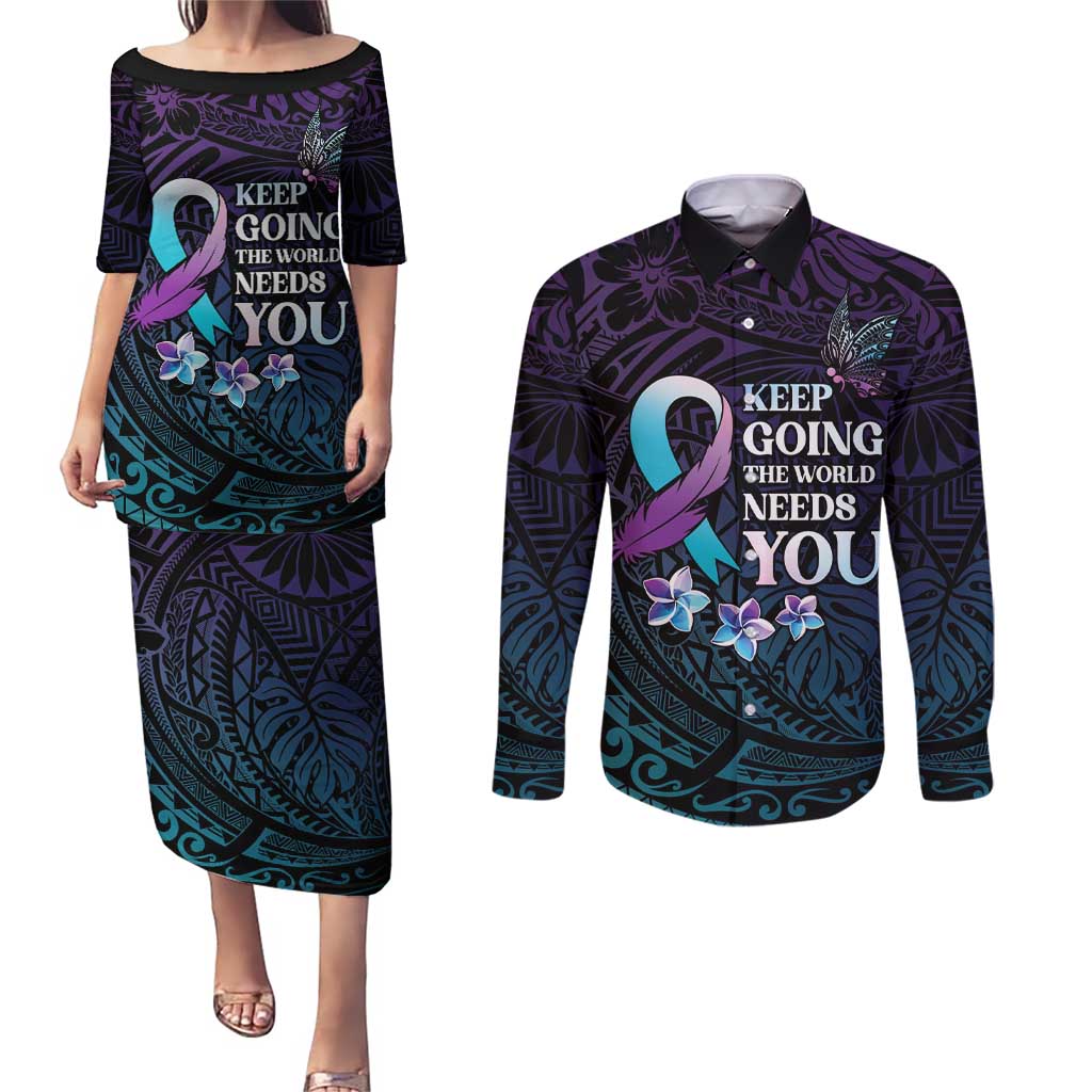 Polynesia Suicide Prevention Awareness Couples Matching Puletasi and Long Sleeve Button Shirt Keep Going The World Needs You