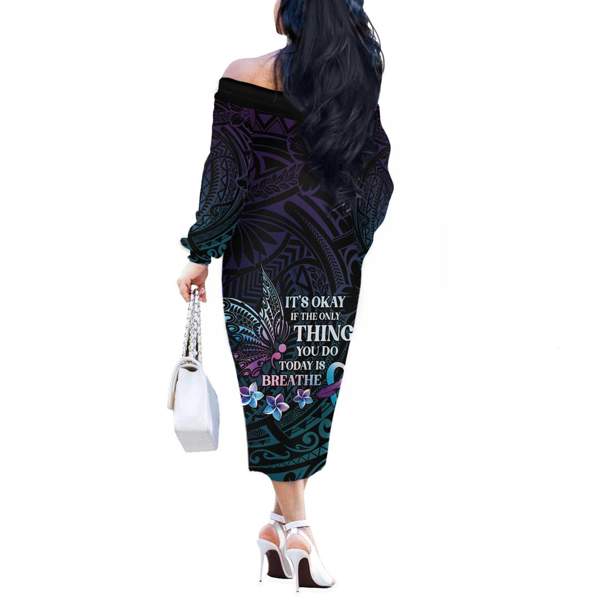 Polynesia Suicide Prevention Awareness Off The Shoulder Long Sleeve Dress Keep Going The World Needs You