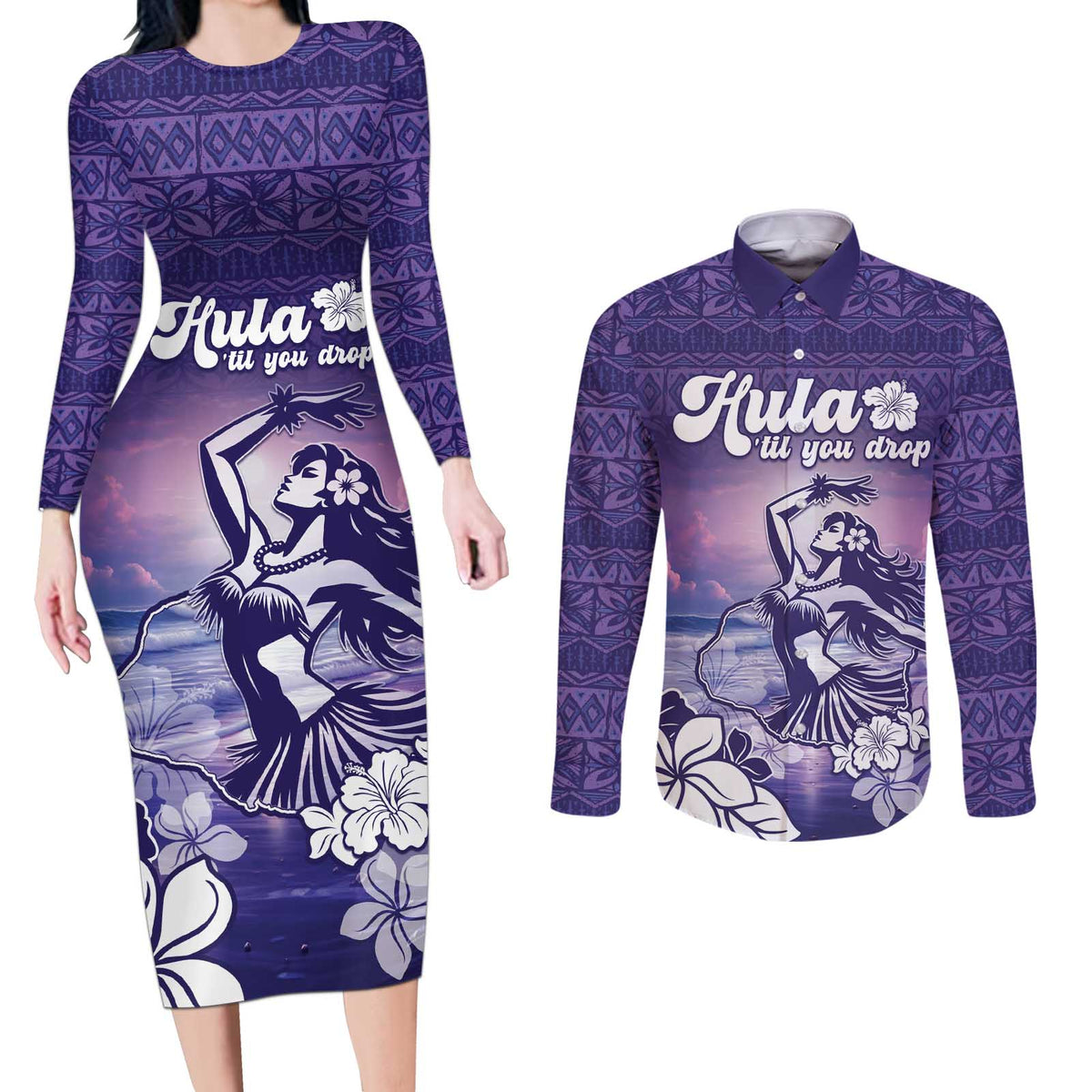 Aloha Hawaii Kauai Island Couples Matching Long Sleeve Bodycon Dress and Long Sleeve Button Shirt Hula Till You Drop