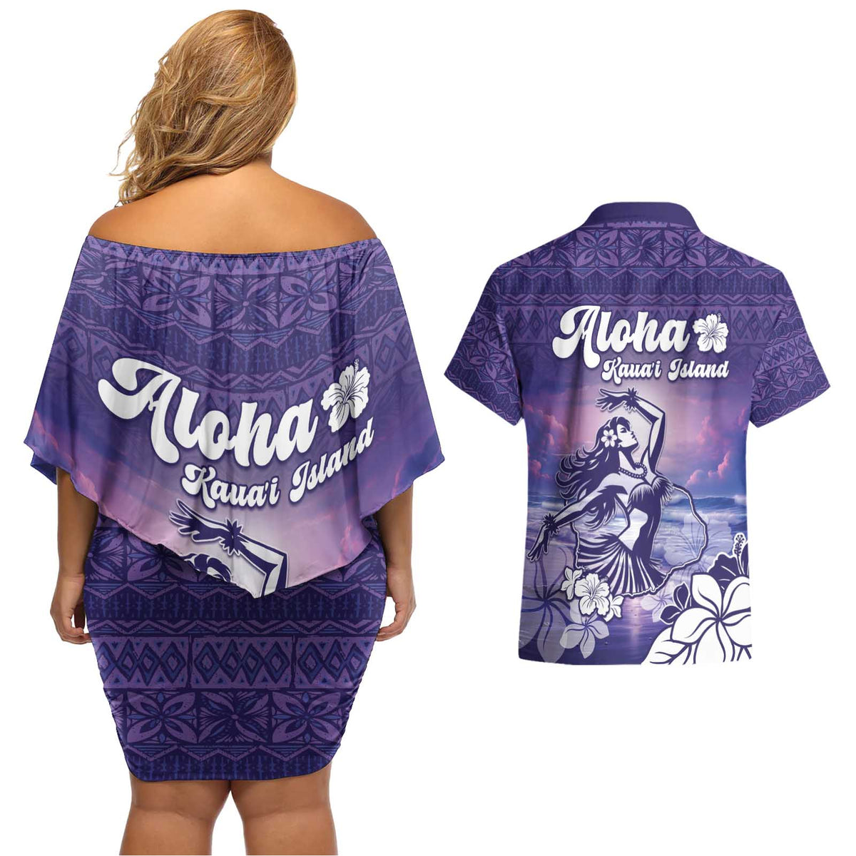 Aloha Hawaii Kauai Island Couples Matching Off Shoulder Short Dress and Hawaiian Shirt Hula Till You Drop