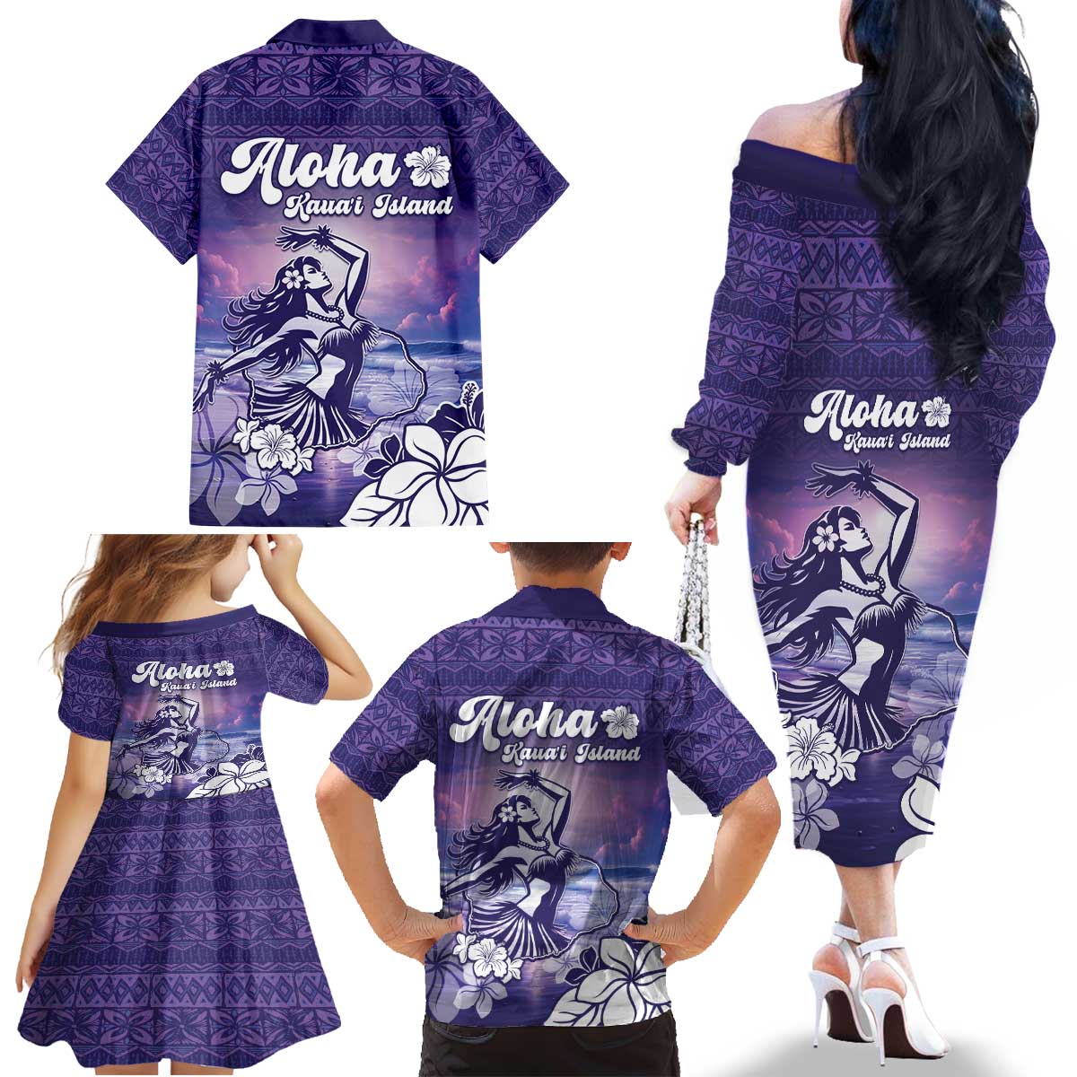 Aloha Hawaii Kauai Island Family Matching Off The Shoulder Long Sleeve Dress and Hawaiian Shirt Hula Till You Drop