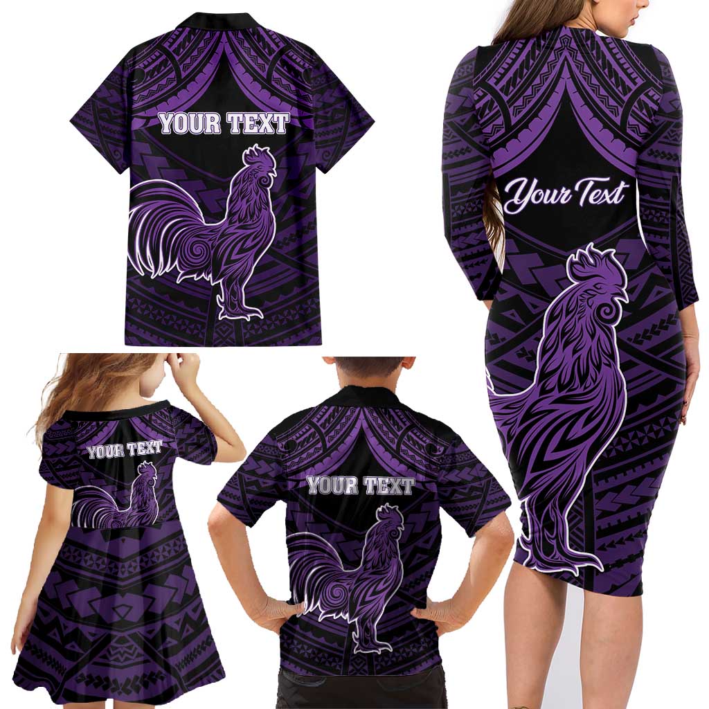 Personalised Hawaii Kauai Island Family Matching Long Sleeve Bodycon Dress and Hawaiian Shirt Rooster Tribal Tattoo Simple Style LT05 - Polynesian Pride