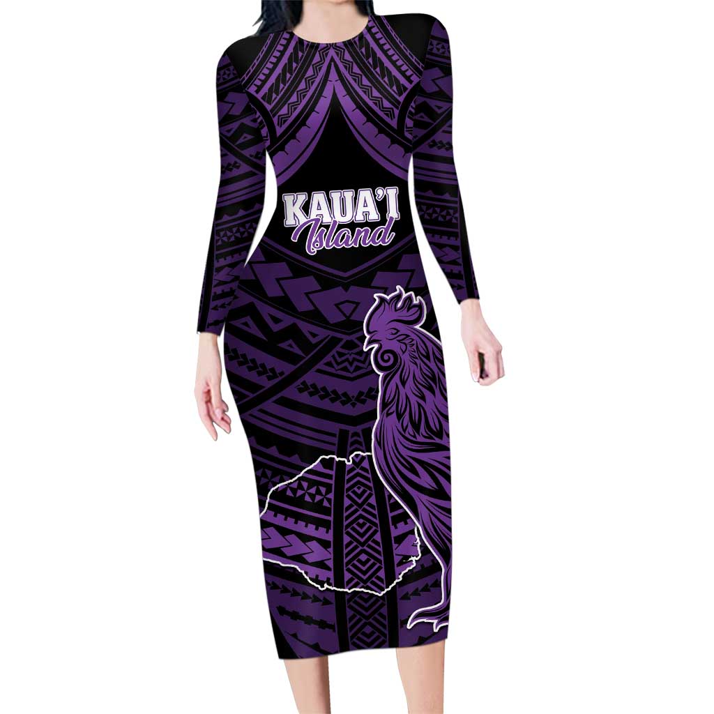 Personalised Hawaii Kauai Island Family Matching Long Sleeve Bodycon Dress and Hawaiian Shirt Rooster Tribal Tattoo Simple Style LT05 Mom's Dress Purple - Polynesian Pride