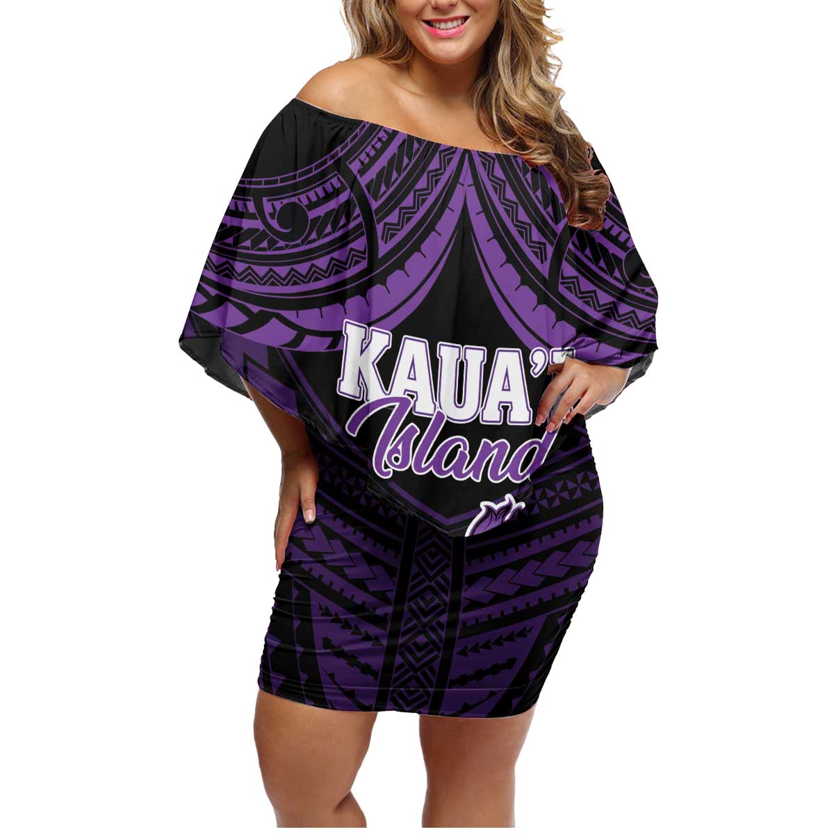 Personalised Hawaii Kauai Island Family Matching Off Shoulder Short Dress and Hawaiian Shirt Rooster Tribal Tattoo Simple Style