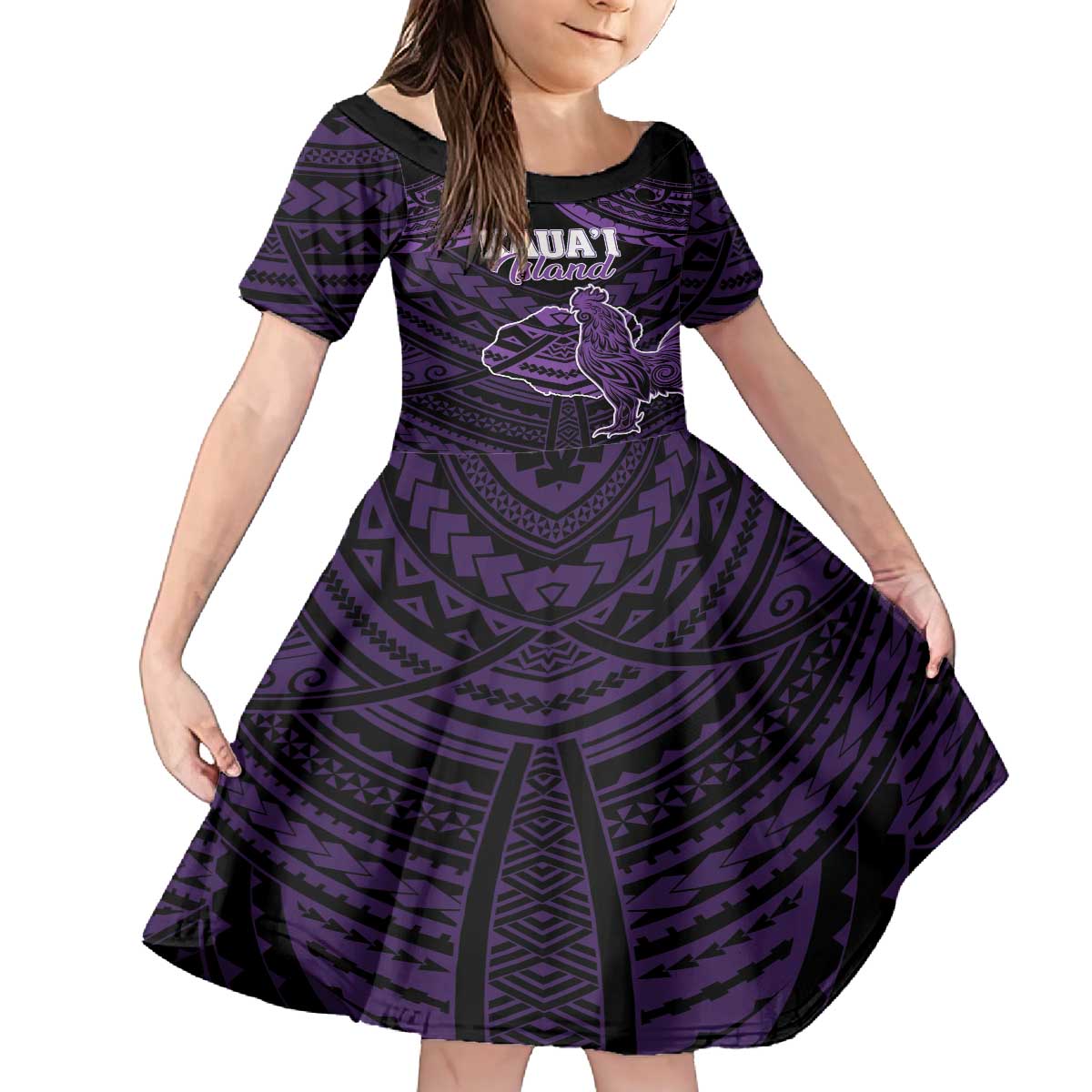 Personalised Hawaii Kauai Island Family Matching Puletasi and Hawaiian Shirt Rooster Tribal Tattoo Simple Style LT05 Daughter's Dress Purple - Polynesian Pride
