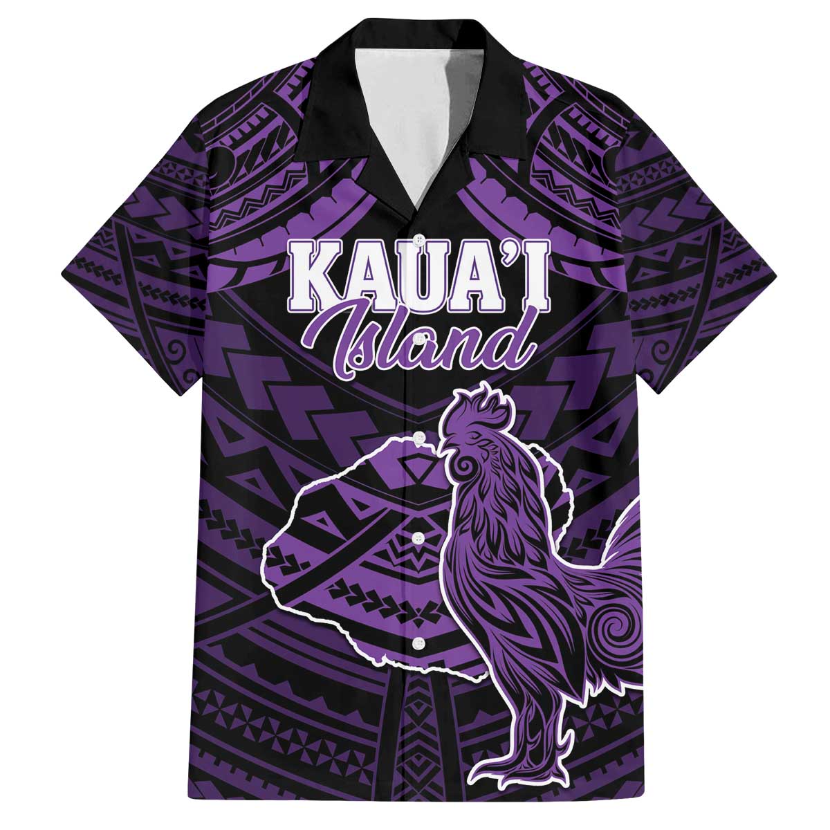 Personalised Hawaii Kauai Island Family Matching Puletasi and Hawaiian Shirt Rooster Tribal Tattoo Simple Style LT05 Dad's Shirt - Short Sleeve Purple - Polynesian Pride