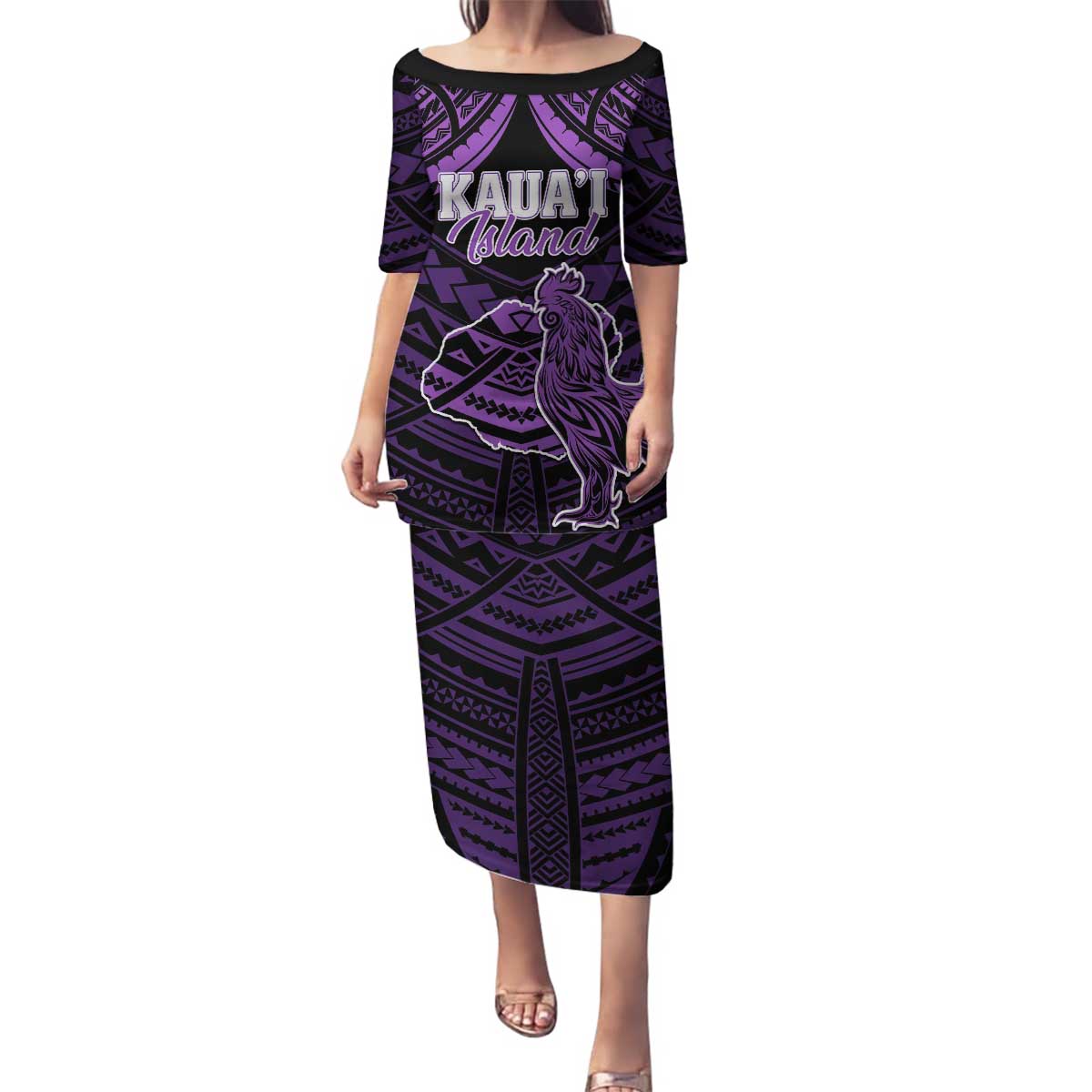 Personalised Hawaii Kauai Island Family Matching Puletasi and Hawaiian Shirt Rooster Tribal Tattoo Simple Style LT05 Mom's Dress Purple - Polynesian Pride