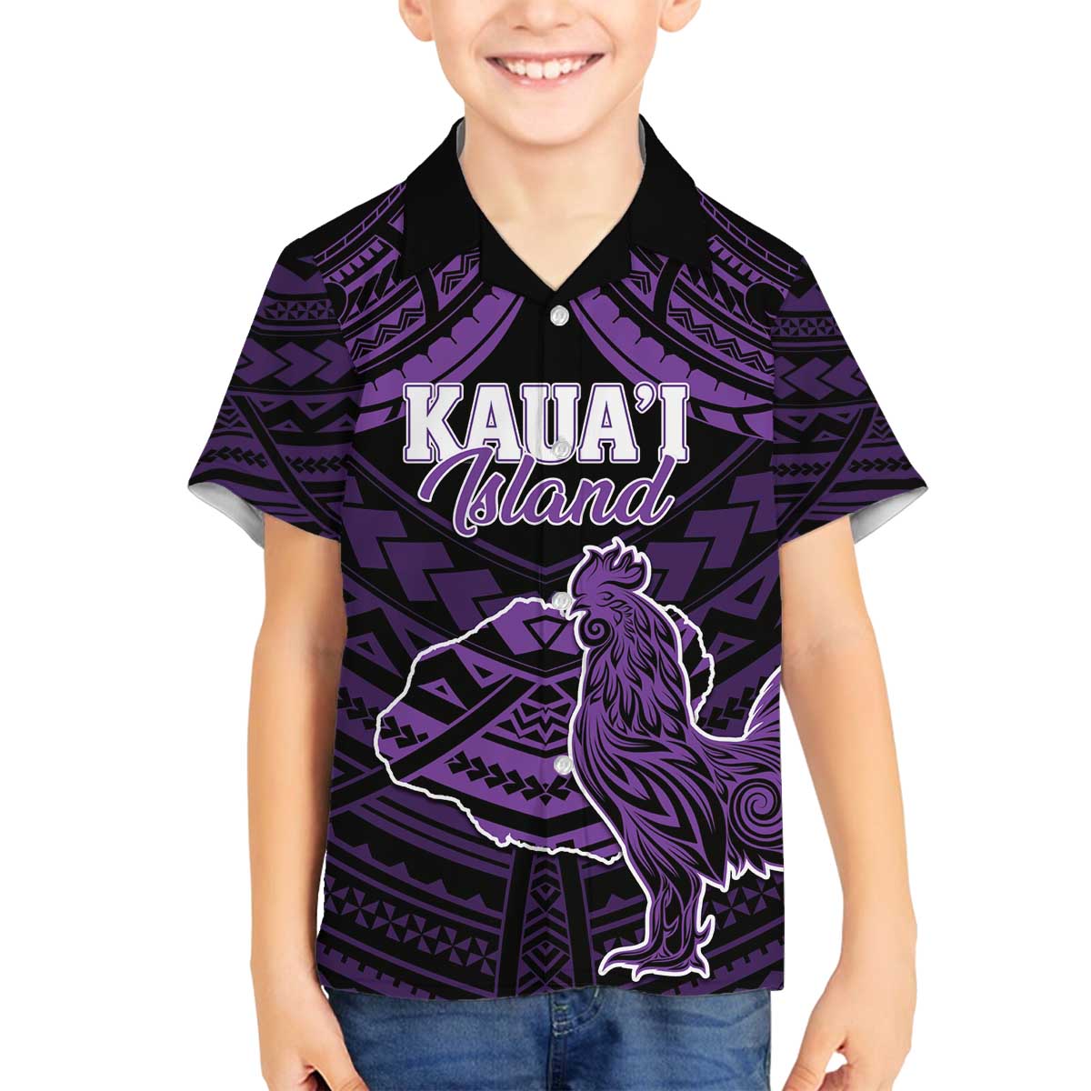 Personalised Hawaii Kauai Island Family Matching Puletasi and Hawaiian Shirt Rooster Tribal Tattoo Simple Style LT05 Son's Shirt Purple - Polynesian Pride