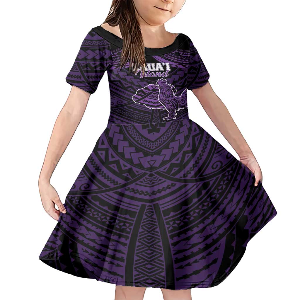 Personalised Hawaii Kauai Island Family Matching Short Sleeve Bodycon Dress and Hawaiian Shirt Rooster Tribal Tattoo Simple Style LT05 Daughter's Dress Purple - Polynesian Pride