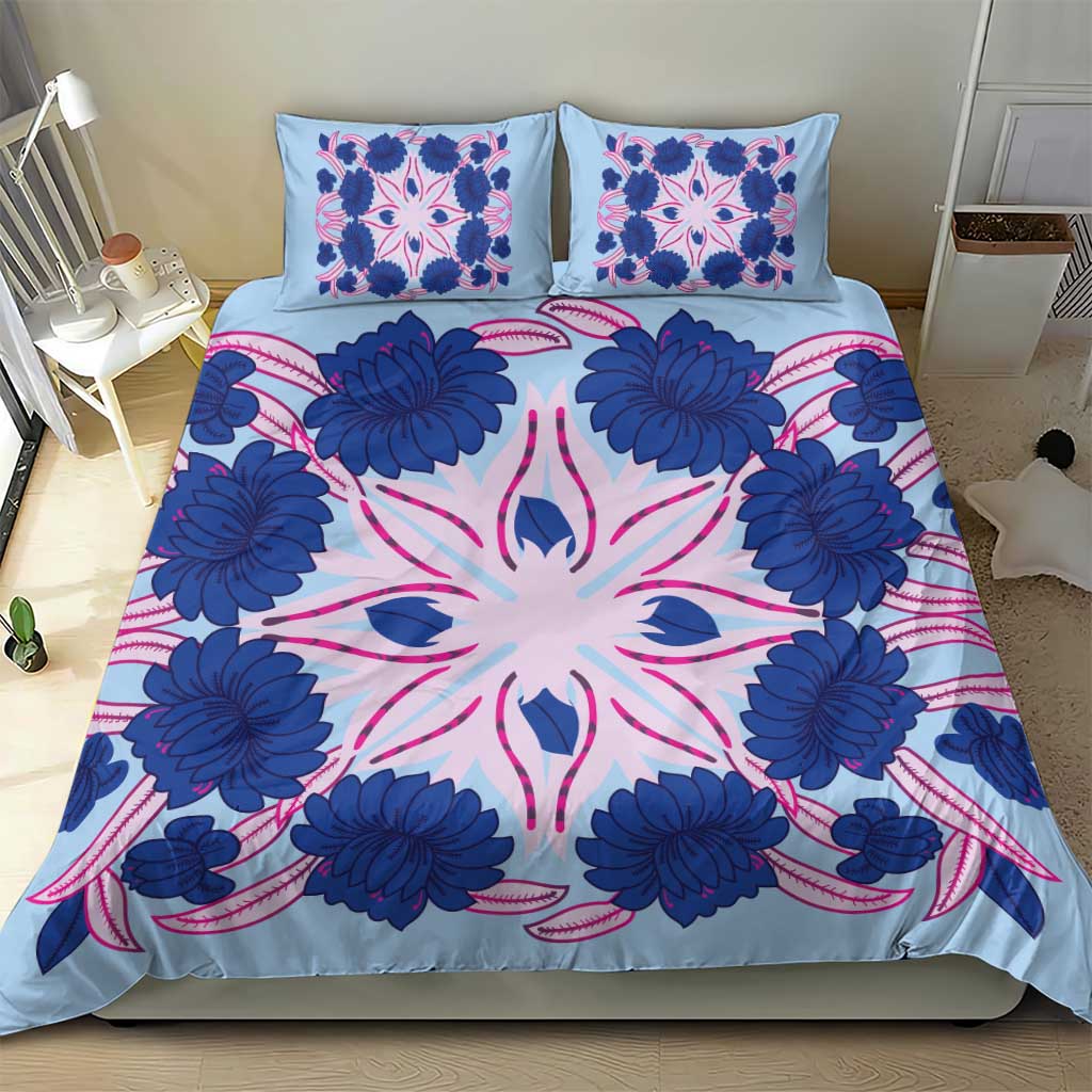 Cook Islands Tivaevae Quilt Bedding Set Sky Blue - Polynesian Pride