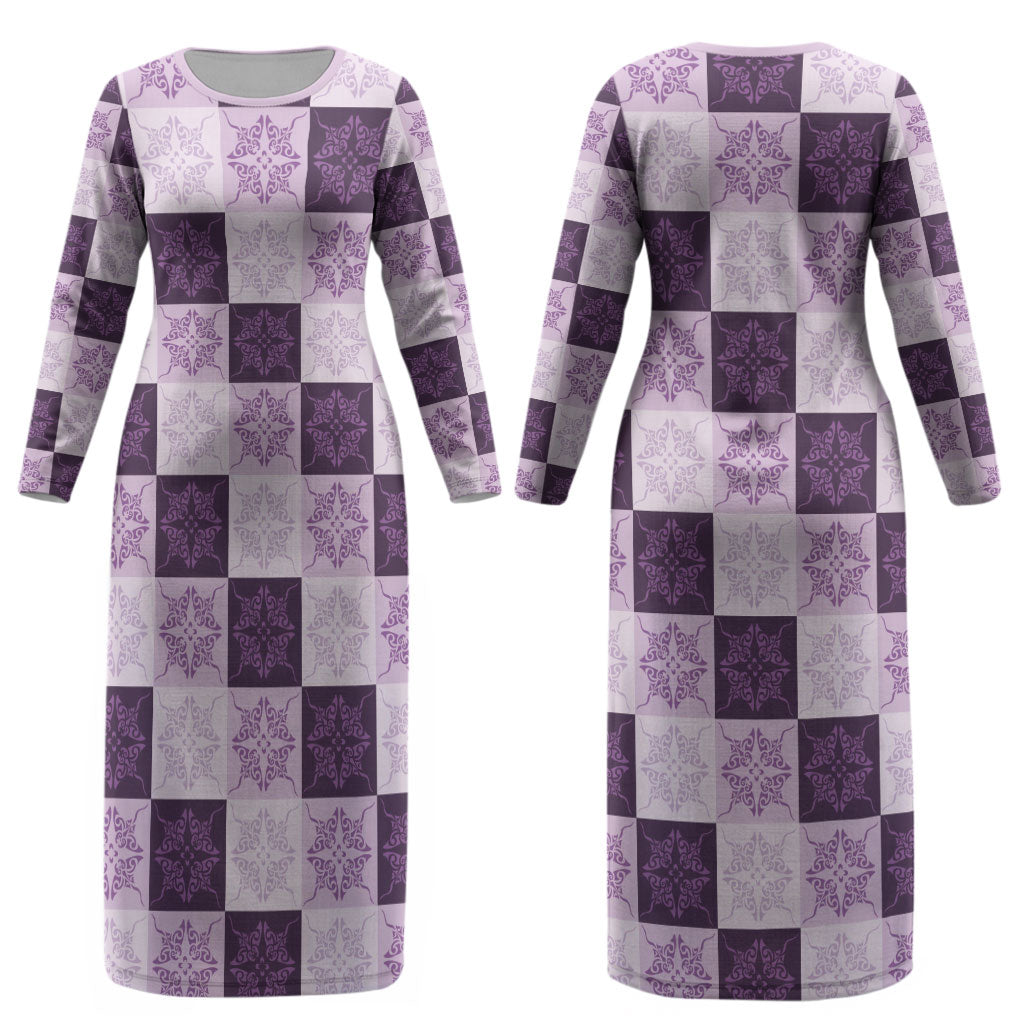 Lavender Manta Ray Hawaiian Quilt Motif Couples Matching Long Sleeve Bodycon Dress and Hawaiian Shirt