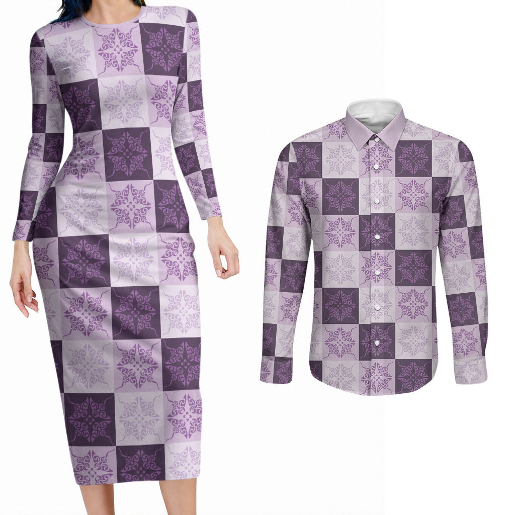 Lavender Manta Ray Hawaiian Quilt Motif Couples Matching Long Sleeve Bodycon Dress and Long Sleeve Button Shirt LT05 Purple - Polynesian Pride