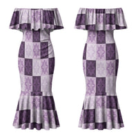 Lavender Manta Ray Hawaiian Quilt Motif Couples Matching Mermaid Dress and Long Sleeve Button Shirt