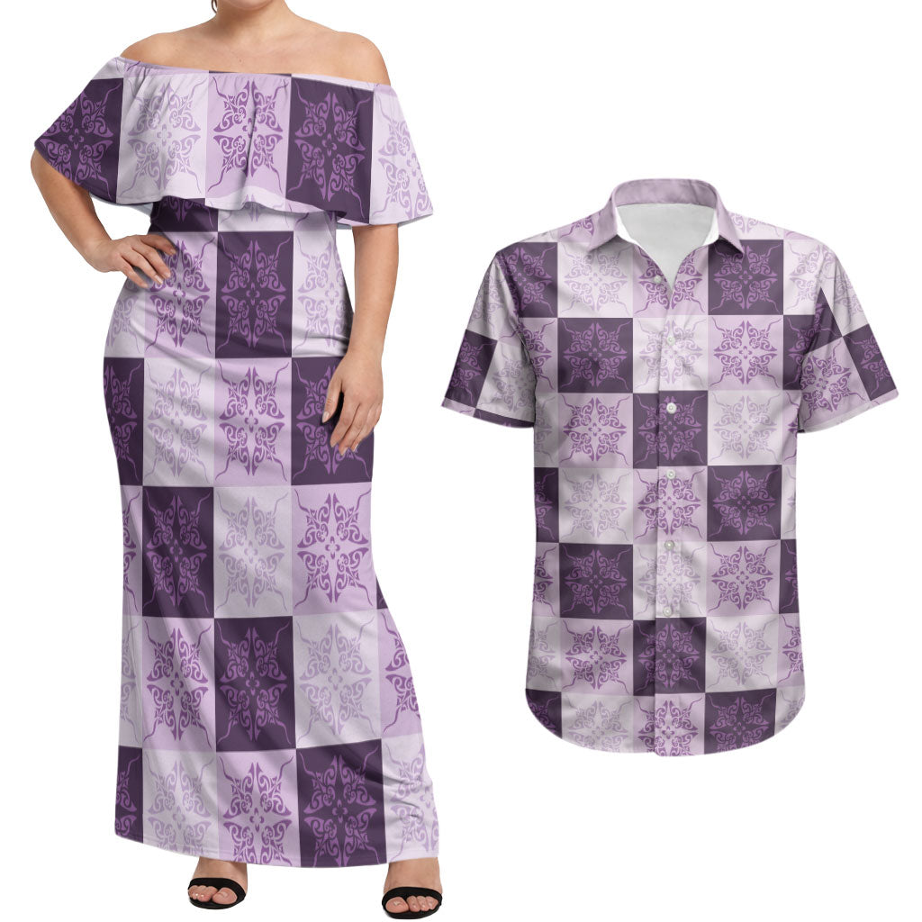 Lavender Manta Ray Hawaiian Quilt Motif Couples Matching Off Shoulder Maxi Dress and Hawaiian Shirt