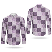 Lavender Manta Ray Hawaiian Quilt Motif Couples Matching Off Shoulder Short Dress and Long Sleeve Button Shirt