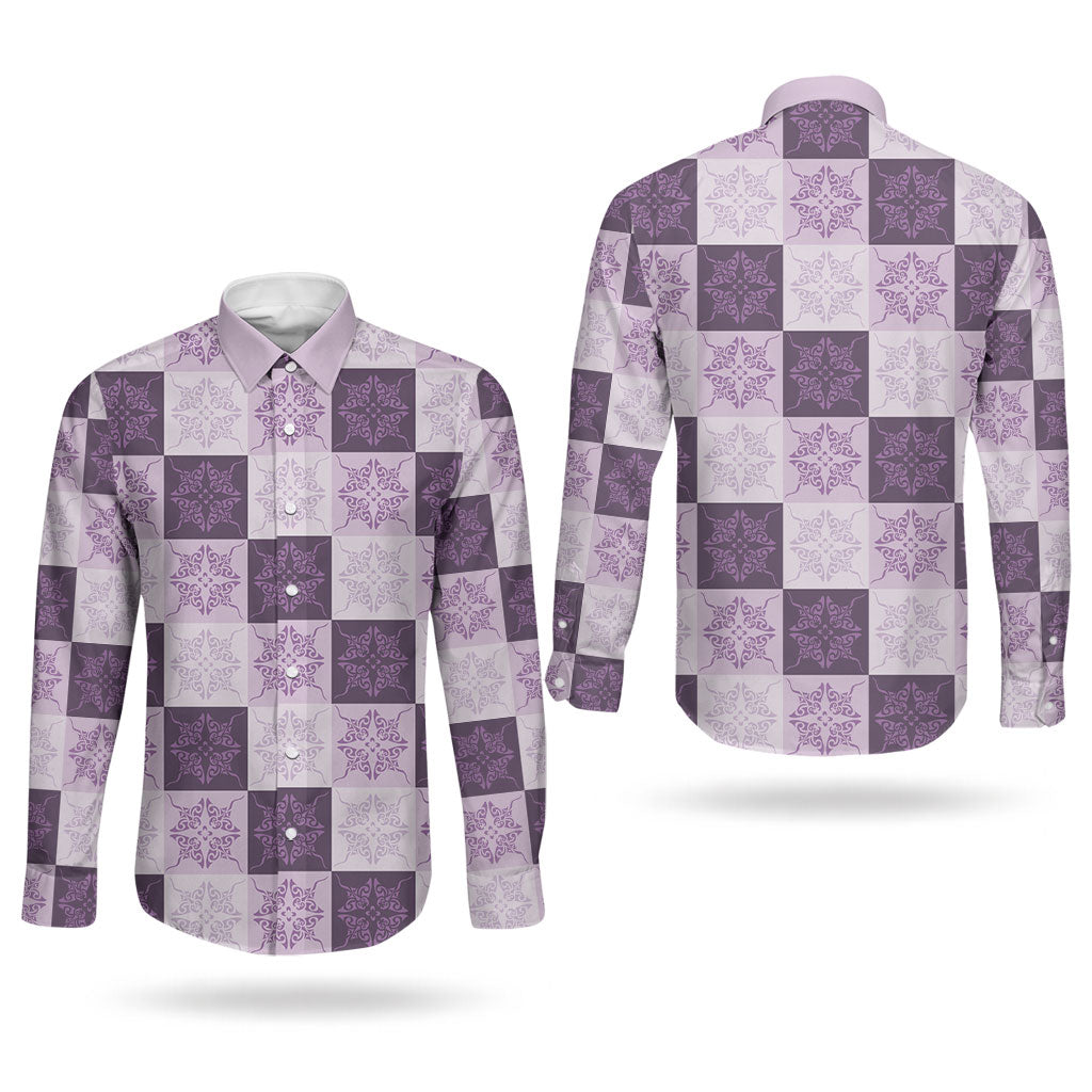 Lavender Manta Ray Hawaiian Quilt Motif Couples Matching Summer Maxi Dress and Long Sleeve Button Shirt