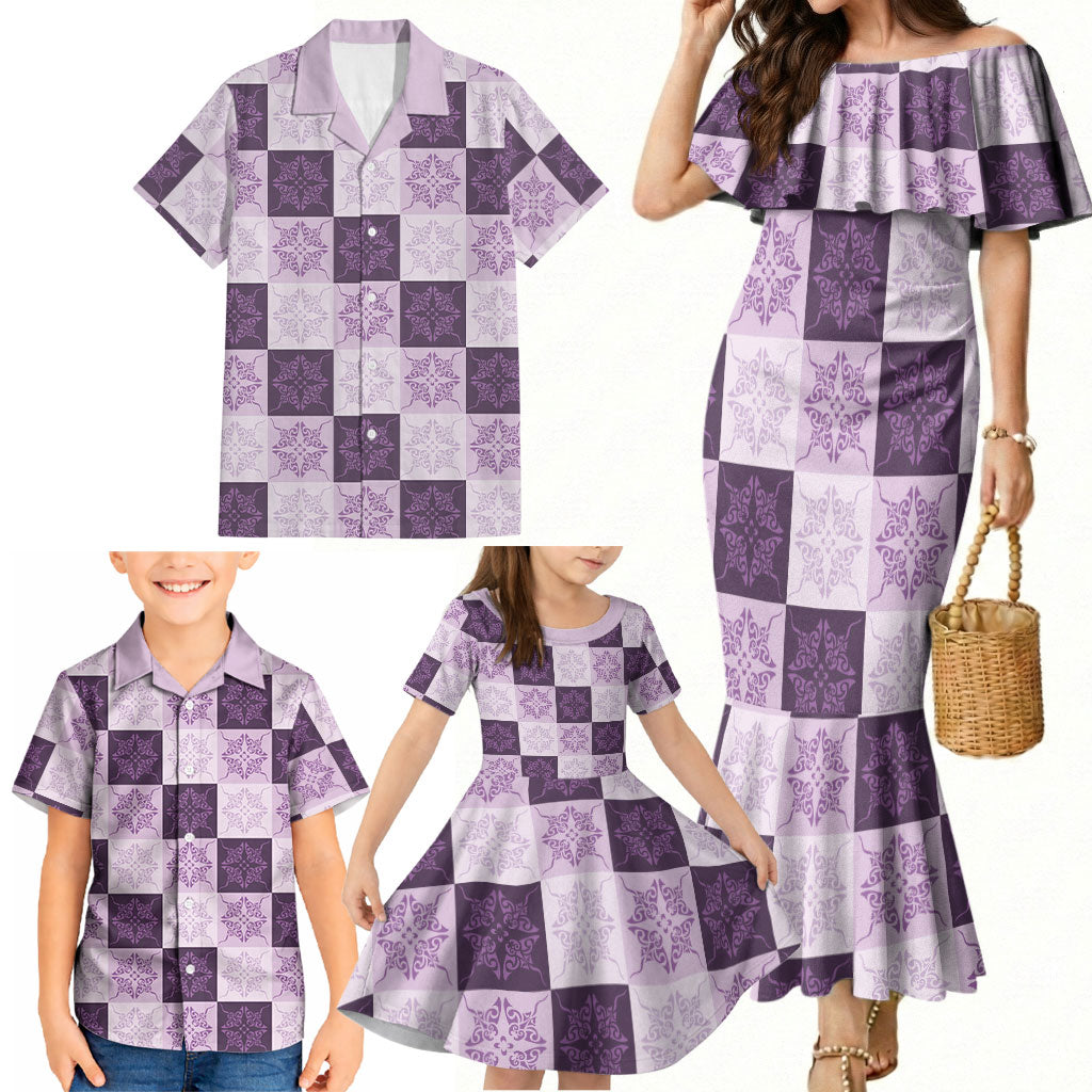 Lavender Manta Ray Hawaiian Quilt Motif Family Matching Mermaid Dress and Hawaiian Shirt