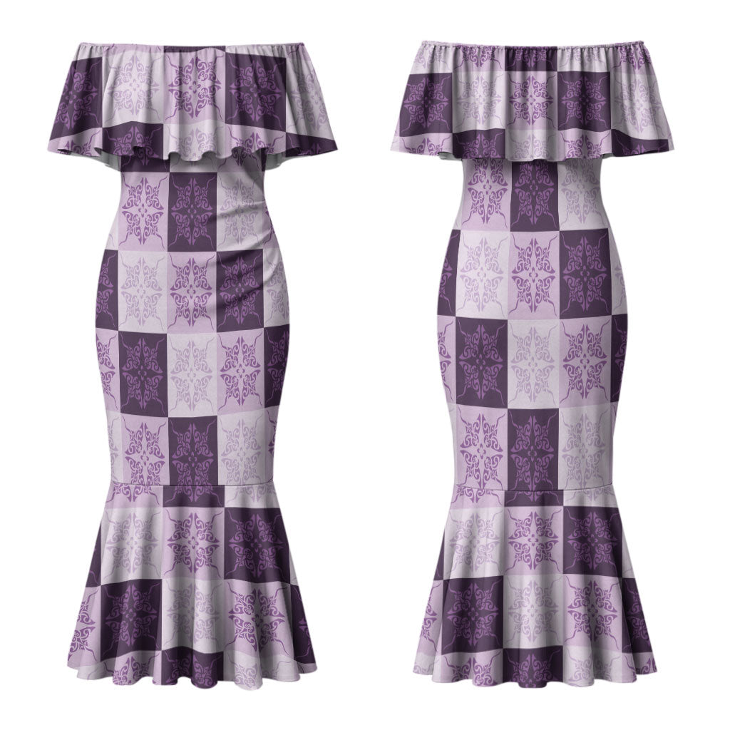 Lavender Manta Ray Hawaiian Quilt Motif Family Matching Mermaid Dress and Hawaiian Shirt