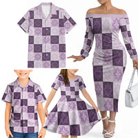 Lavender Manta Ray Hawaiian Quilt Motif Family Matching Off The Shoulder Long Sleeve Dress and Hawaiian Shirt