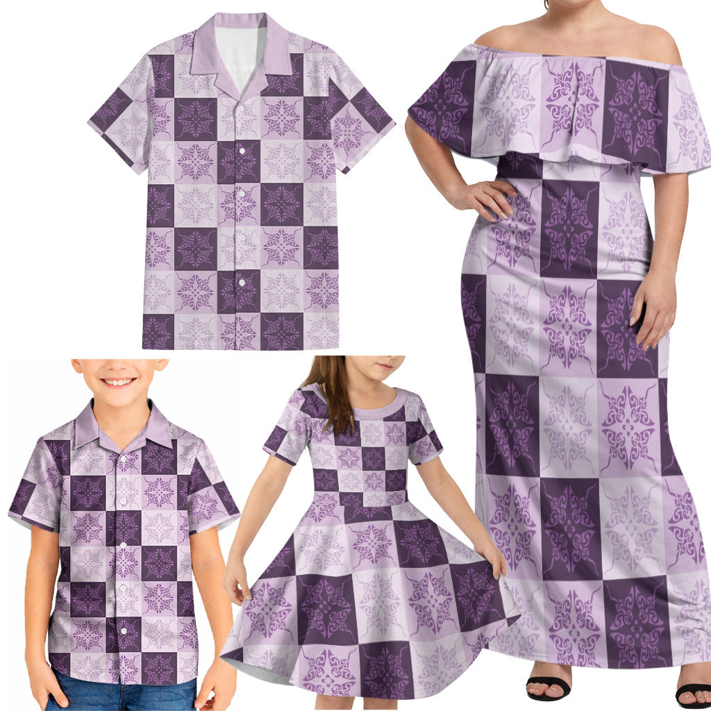 Lavender Manta Ray Hawaiian Quilt Motif Family Matching Off Shoulder Maxi Dress and Hawaiian Shirt LT05 - Polynesian Pride