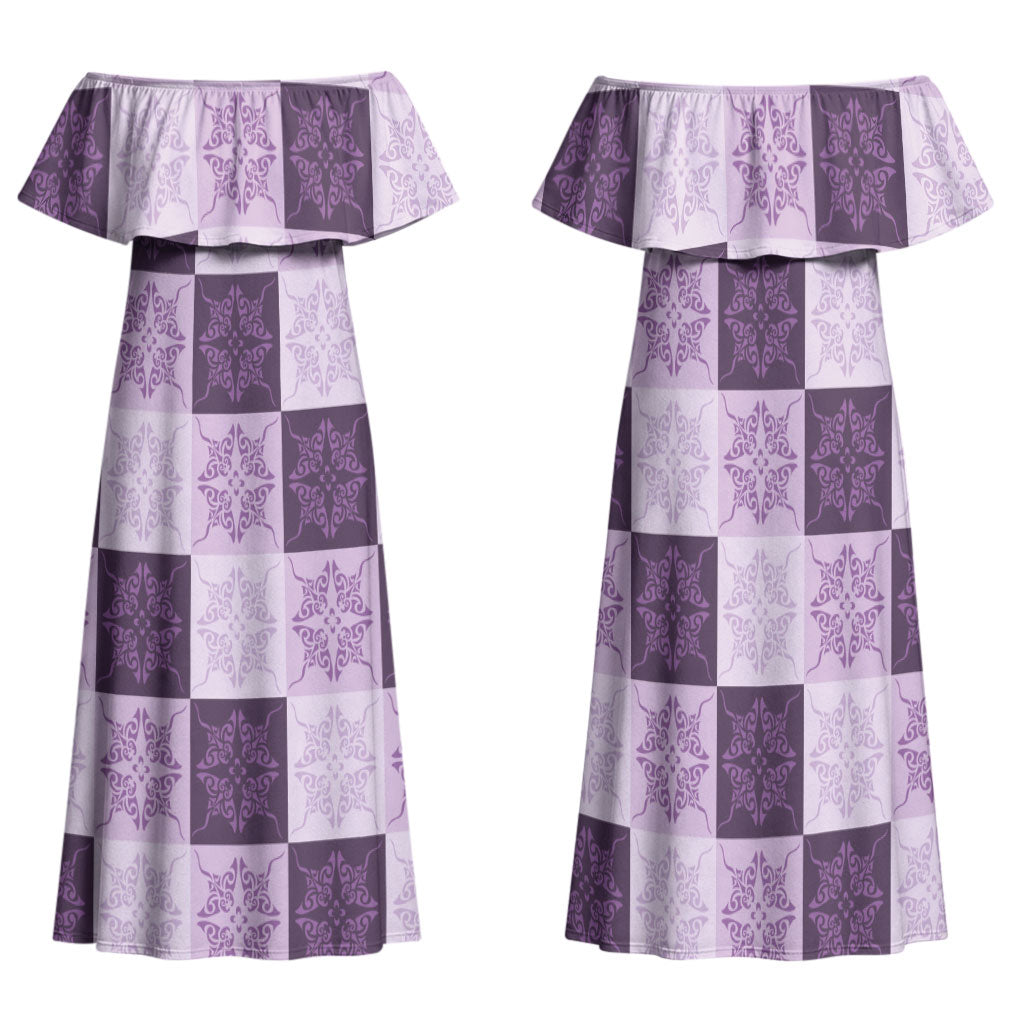 Lavender Manta Ray Hawaiian Quilt Motif Family Matching Off Shoulder Maxi Dress and Hawaiian Shirt