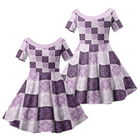 Lavender Manta Ray Hawaiian Quilt Motif Family Matching Off Shoulder Short Dress and Hawaiian Shirt