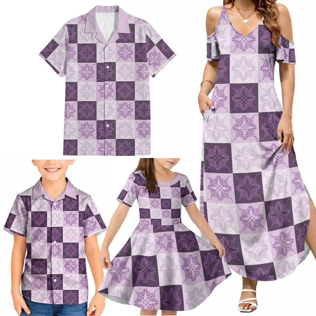 Lavender Manta Ray Hawaiian Quilt Motif Family Matching Summer Maxi Dress and Hawaiian Shirt