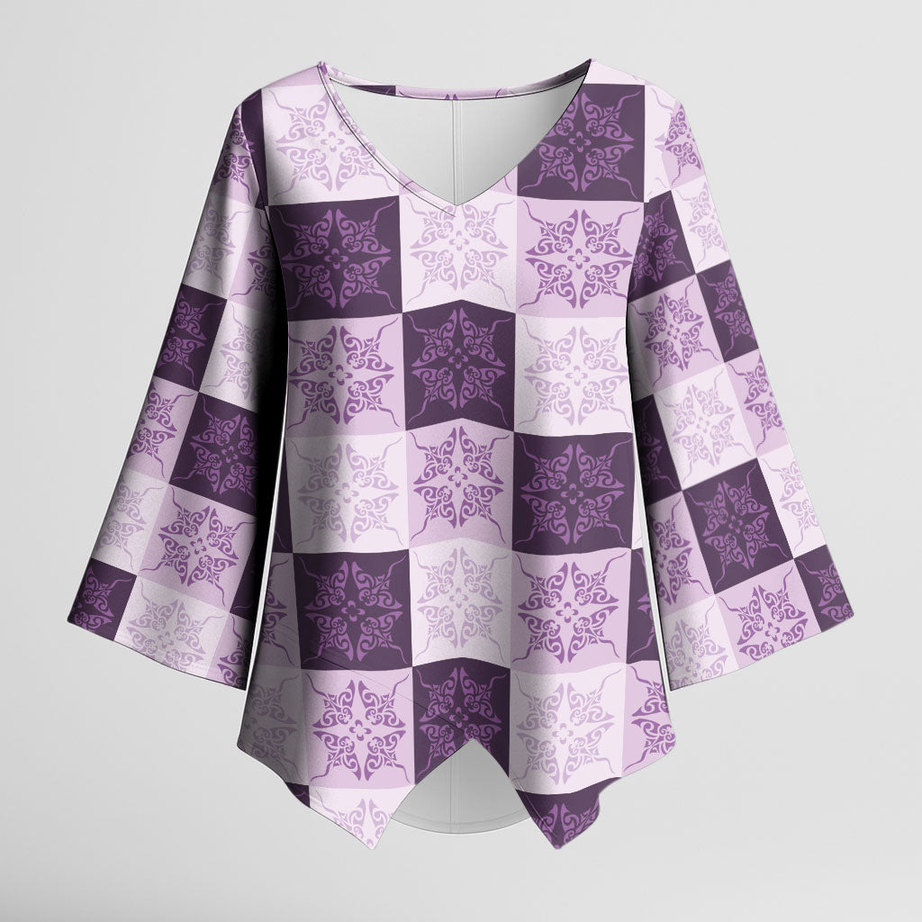 Lavender Manta Ray Hawaiian Quilt Motif Kimono Sleeve Blouse LT05 Female Purple - Polynesian Pride