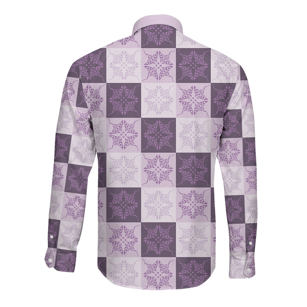 Lavender Manta Ray Hawaiian Quilt Motif Long Sleeve Button Shirt